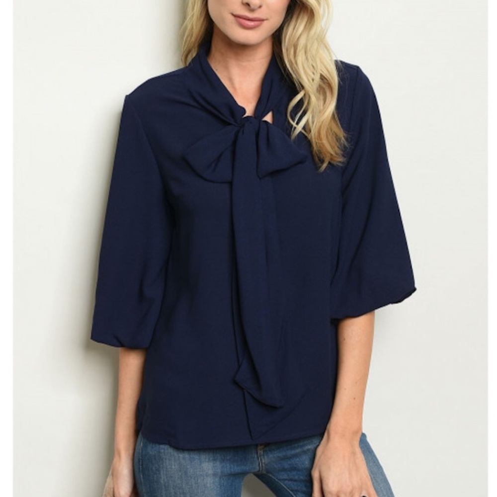 Gilli Navy Neck Tie Tunic Blouse